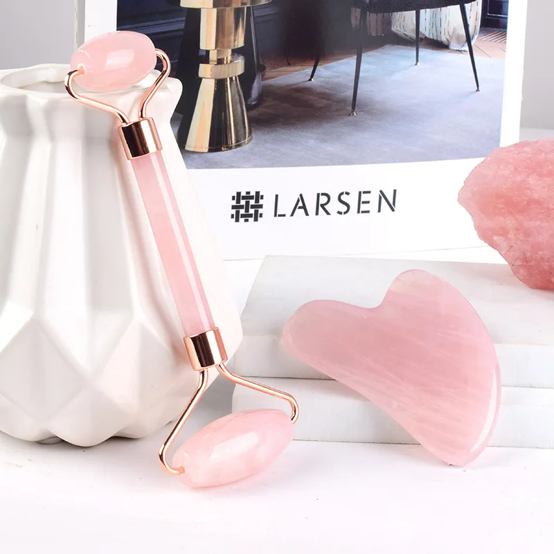 Роликовый массажер для лица из натурального розового кварца похудения набор