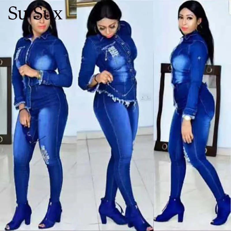Suit Women Long-Pants Two-Pieces-Set Outfits Jeans Spring Blue Casual Denim Autumn OL