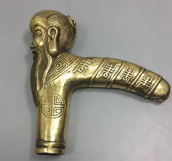

Asian Chinese Old Hand Bronze Carved Buddha Sage Statue Walking SticK Head