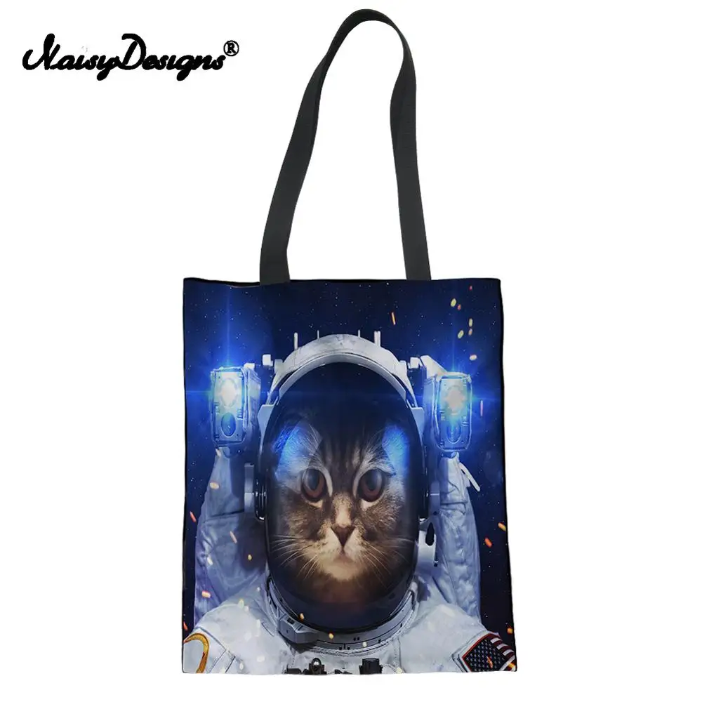 

Fashion Eco-friendly Canvas Shopping Bag for Women Cat In Space Pattern Printing Reusable Shoulder Bags Casual Large Linen Tote
