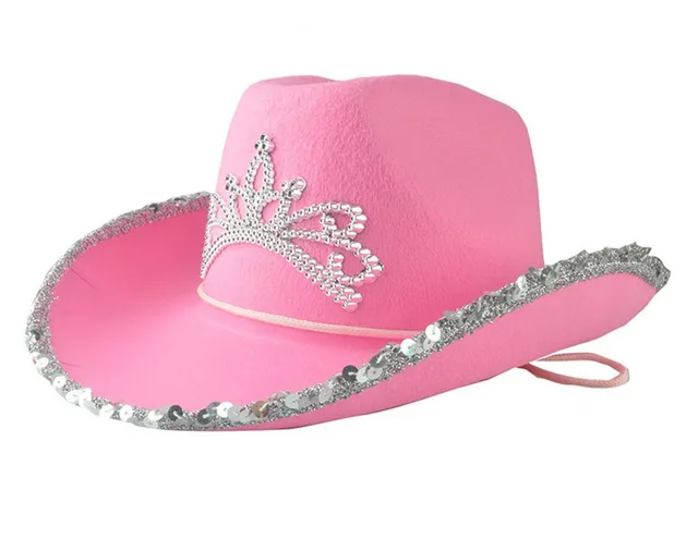 Western Cowboy Caps Crown Cowgirl Hat for Women Girl Pink Tiara Cowgirl Hat Holiday Costume Party Hat Feather Edge Fedora Cap 2