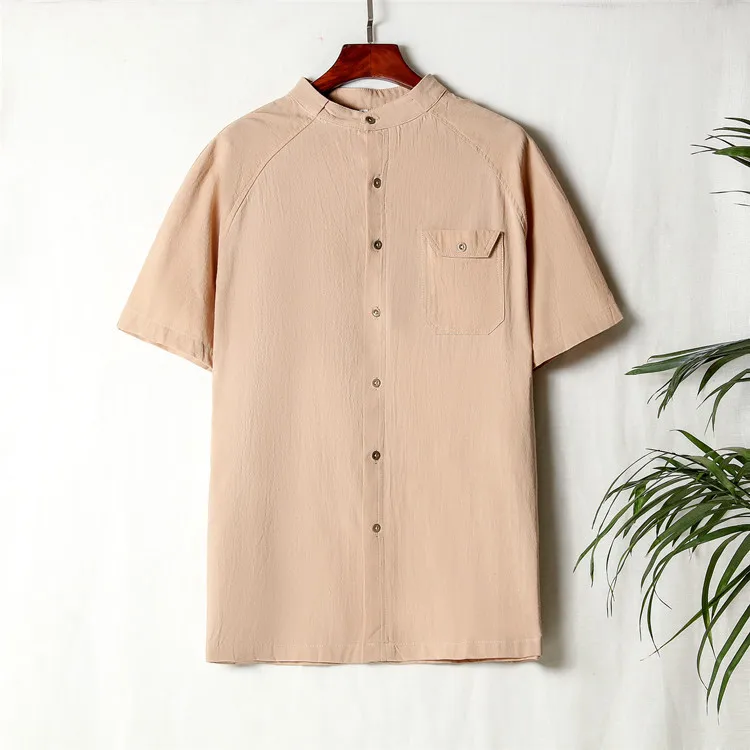 Мужская рубашка, короткий рукав, хлопок, лен, 4XL, 5XL, 6XL, большой размер, рубашка, мужская, свободная, дышащая, летняя, с карманом, синяя, RM50053