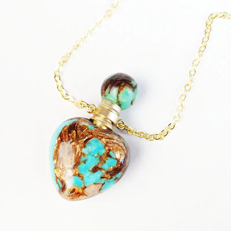 

Колье-диффузор из драгоценных камней в форме сердца, бирюзовый, подвеска в виде бутылочки парфюма