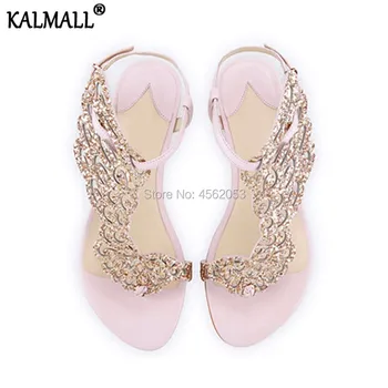 

KALMALL Bling Rhinestone Butterfly Sandals Women Angel Wings Flats Thong Gladiator Casual Sandles Girls Summer Beach Dress Shoes
