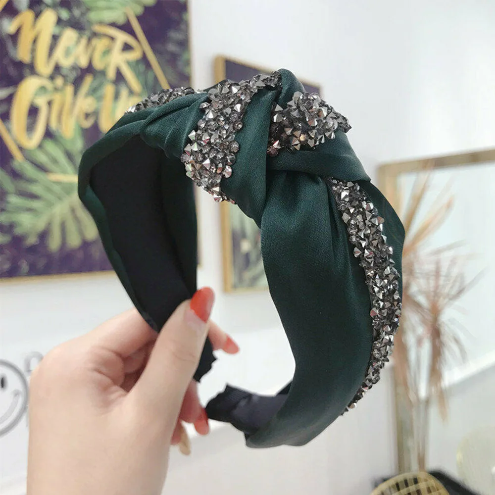 5 Colors Women's Tie Headband Silk Shiny Knot Headbands Crystal Knot Hair Band Women Patchwork Hoop Accessories Headpiece - Цвет: green