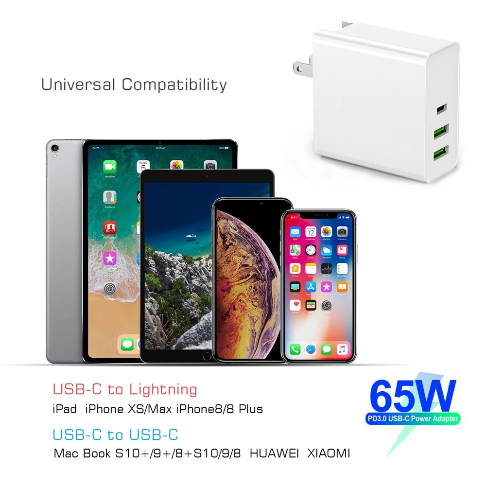 65 Вт TYPE-C USB-C адаптер питания, 1 порт PD60W QC3.0 зарядное устройство для USB-C ноутбуков MacBook Pro/Воздушный iPad Pro, 2 порта USB для samsung iPhone