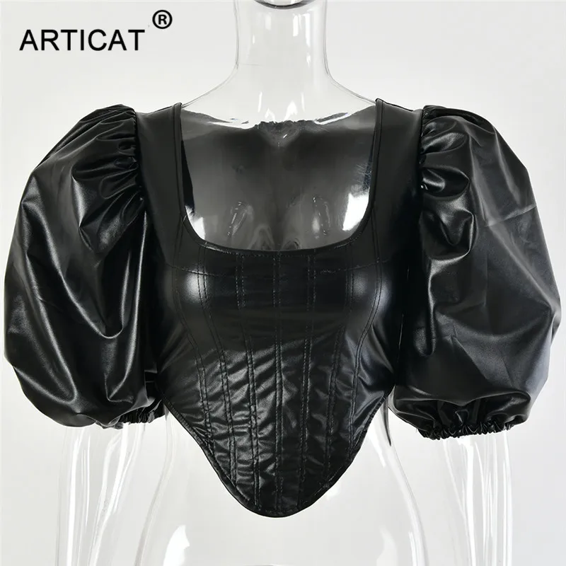 Articat винтажный буф рукав из искусственной кожи короткий женский топ черные короткие полосатые вечерние топы на молнии модные вечерние топы для клуба уличная одежда