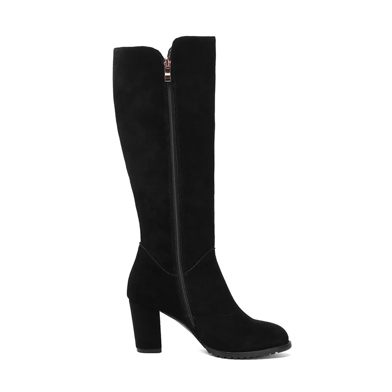 EGONERY hot sale knee high boots winter outside high heels round toe zip cow suede metal decortaion women shoes drop shipping