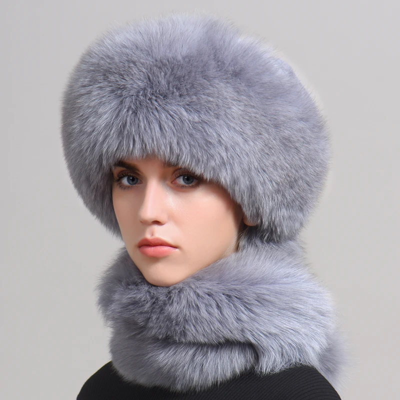 Женская зимняя шапка из натурального Лисьего меха монгольского лисьего меха, шарф, наушники из кроличьего меха, женская зимняя меховая шапка - Цвет: Light grey