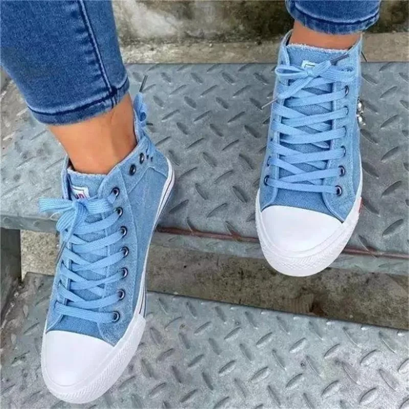 Women New Denim Flat-heel Round Toe Lace-up Skull Metal Decoration High-top Comfortable Fashion Classic Platform Casual Sneakers women shoes,casual sneakers,women sneakers