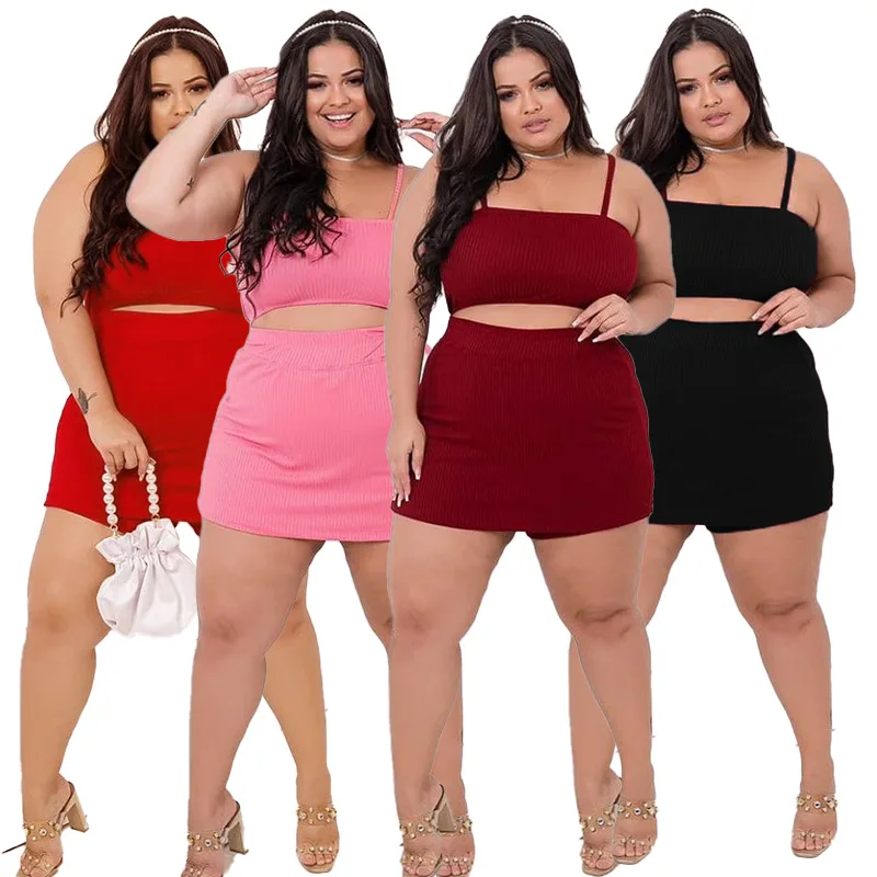 

Plus Size Women Sexy Clubwear Two Pieces 2021 Summer Charming High Waist Bodycon Skirts + Sleeveless Spaghetti Strap Tops Sets