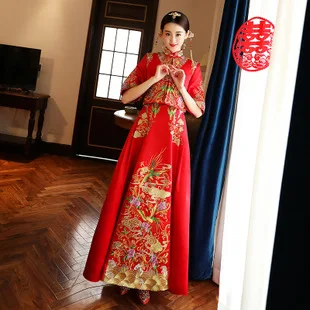 Chinese Traditional Wedding Dress Bride New Style Spring Summer Red Retro Chinese Style Marriage Slimming Dress for Toast
