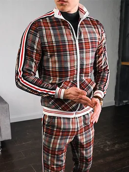 

Men's Print Grid Two-piece Patchwork Zipper Hooded Coat+Fashion Small Leg Trouser Suits High Quality Slim Classic Sportswear