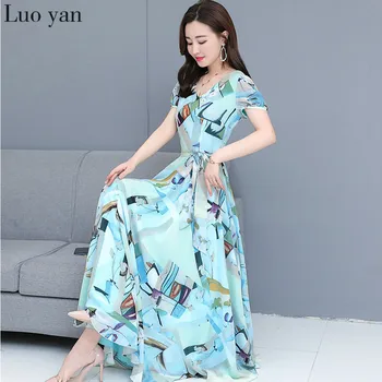 

2020 Floral Chiffon Beach Vacation Maxi Dresses Summer Vintage 4XL Plus Size Boho Sundress Elegant Women Bodycon Party Vestidos