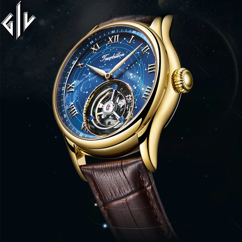 GIV Real Tourbillon Звездные часы для мужчин топовый бренд Скелетон двигающийся мужские