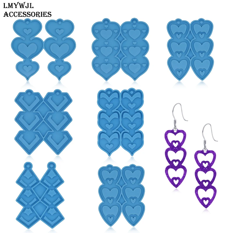 2021 New Valentine's Day Series Crystal Epoxy Triple Geometric Heart-shaped Earrings Pendant DIY Keychain Bag Pendant Material