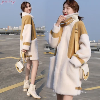 

2019 Fashion Winter Streetwear Women Patchwork Color Collision Medium Long Coat Elegant Female Lamb Wool Lining Warm Outerwear