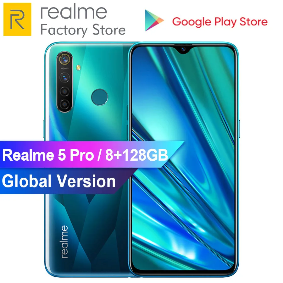 Европейская версия OPPO Realme 5 Pro 6,3 ''8 ГБ ОЗУ 128 Гб ПЗУ Android P Восьмиядерный 4035 мАч 48MP+ 16MP четырехъядерный мобильный телефон с быстрой зарядкой