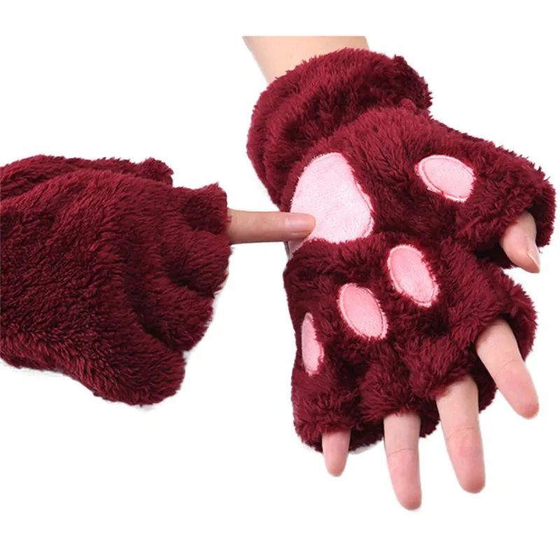 Зимние теплые милые женские перчатки с рисунком медведя, когтя, лапы, перчатки с плюшевой подкладкой, утепленные полупальчиковые Вьетнамки, сохраняющие тепло женские перчатки s2