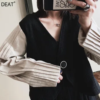 

DEAT 2020 new spring fashion clothing women V-neck pleated sleeves patchwork single buttons Japan styles short jacket WD90801L