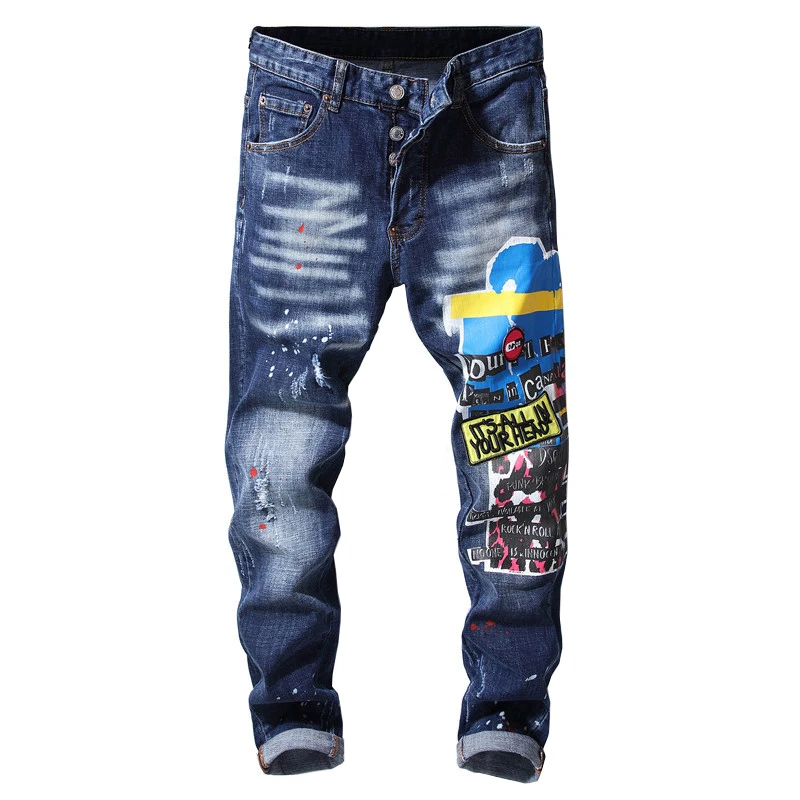 

Sokotoo Men's embroidery patchwork buttons fly jeans Slim skinny painted holes ripped denim pants