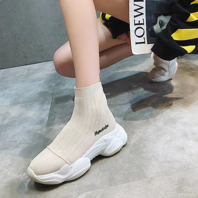 

Beige Black Knitted Elastic High Top Sneakers Women Casual Shoes Trendy Breathable Chunky Trainers Women Vulcanization Shoes