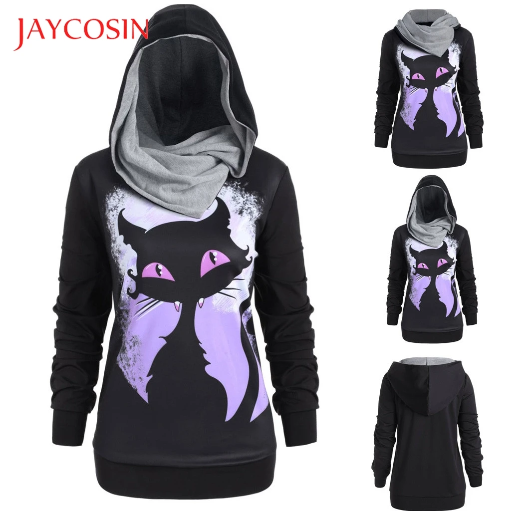 

JAYCOSIN Women Halloween Plus Size 3D Cat Print Convertible Hoodie Top Wear Tops Funny Hooded Hoodie 3D Horror Loose Top 827#2