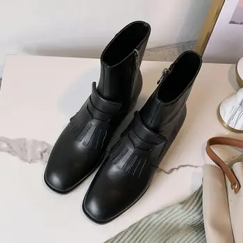 

Genuine Leather Fringe Women Ankle Boots Zipper Design Low Heel Square Toe All Match Ladies Motorcycle Boots Autumn Shoes Woman