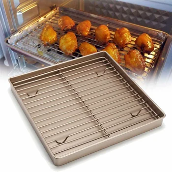 

Toaster Oven Non Stick Baking Cake Pan Barbecue BBQ Grill Kitchen Tool Gold Carbon Steel Deep Square Plate Storage Trays 11 Inch