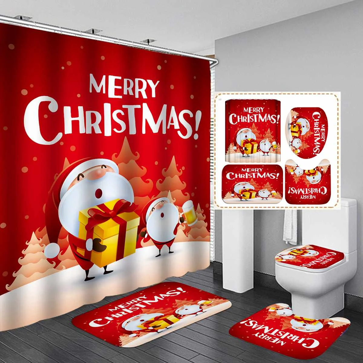 

Merry Christmas Waterproof Bath Shower Curtain Christmas Santa Claus Bath Mat Lid Toilet Cover Polyester/ Flannel Shower Curtain