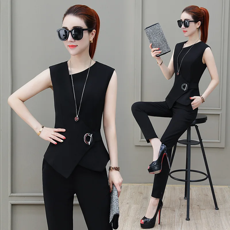 

Fashion temperament women's shirt pants 2 sets of new summer women's solid color OL professional wear sleeveless suit two-piece