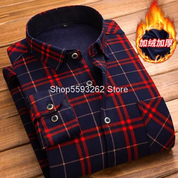 

Middle-aged And Elderly Keep Warm Shirt Men Long Sleeve Plus Velvet Grid Thicken Grinding Wool Shirt Dad Fashion