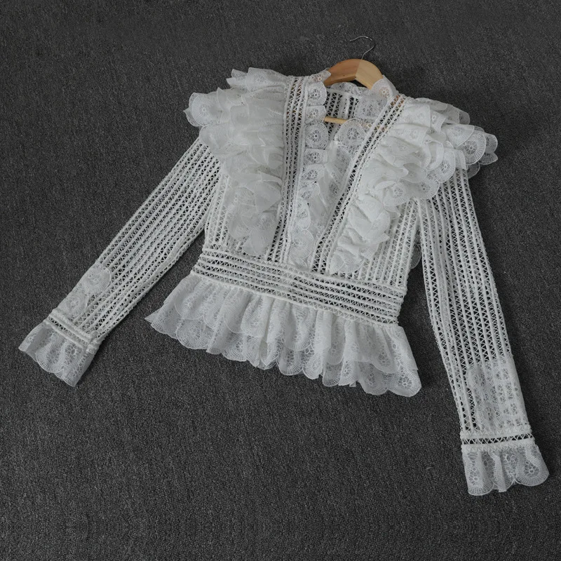 Новинка года! весенне-зимняя женская короткая рубашка с оборками, кружевами и вышивкой, высокой талией и v-образным вырезом WB60801L