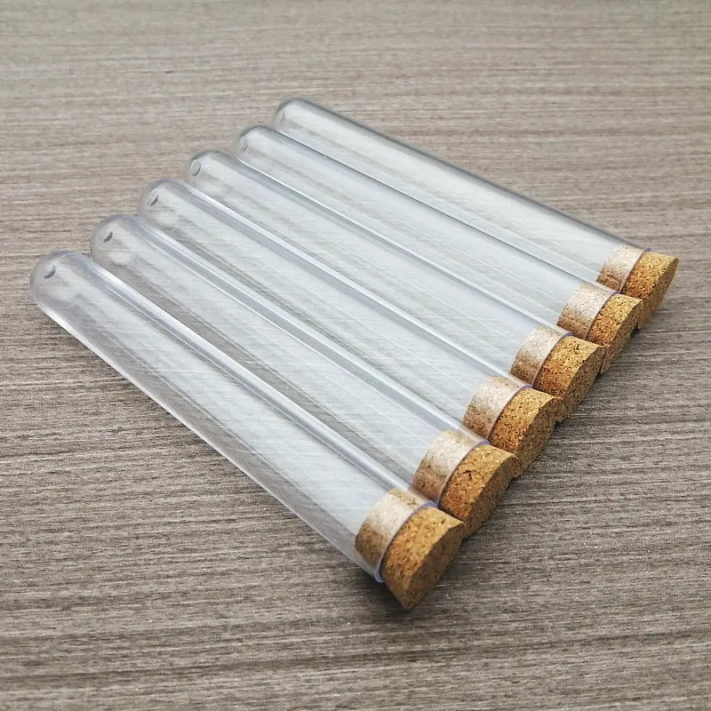 50 개 100 개 16x100mm 실험실 투명 플라스틱 테스트 튜브 코르크, 목욕 소금 파티 사탕 병 둥근 바닥 결혼 선물 유리 병 
