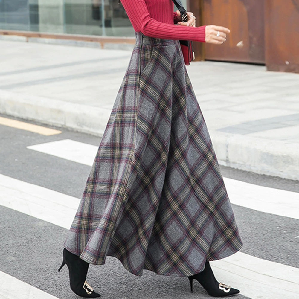 Mujer invierno 2019 faldas largas de lana otoño alta cintura Plaid faldas elegantes señoras una línea Brit gráfico Vintage faldas| Faldas| AliExpress