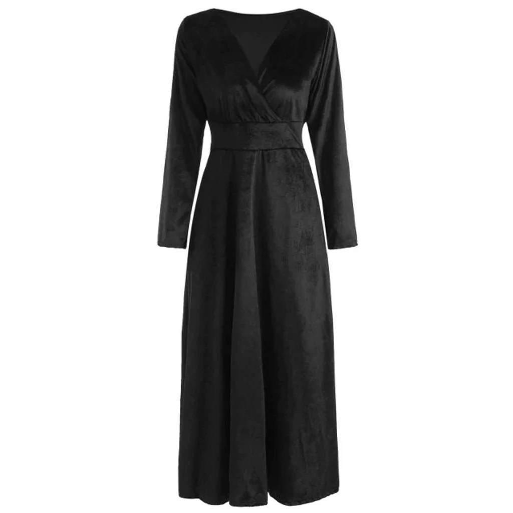 Autumn Women Dress Casual Full Sleeve V-Neck Ruched Dresses Thin Floral Solid Color Long Kaftan Dress Spring Ladies Girls 806