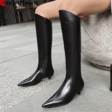 MoonMeek/новинка года; сапоги до колена из натуральной кожи на низком каблуке с острым носком на молнии; однотонные зимние простые женские сапоги
