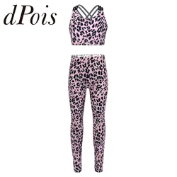 2Pcs Kids Girls Leopard Printed Tracksuit Sportswear Sleeveless Crop Top + Leggings Trousers Child Gymnastic Gym Yoga Sport Suit