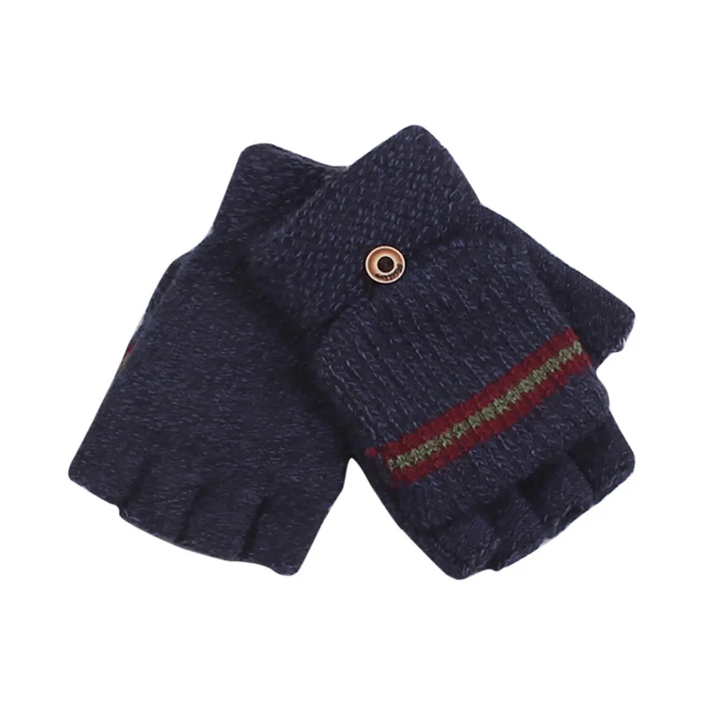 SAGACE Winter Gloves Children Warm Cotton Half Finger Knit Wool Gloves Kid Fashion Stripe Comfortable Flip Top Soft Gloves Boys - Цвет: E