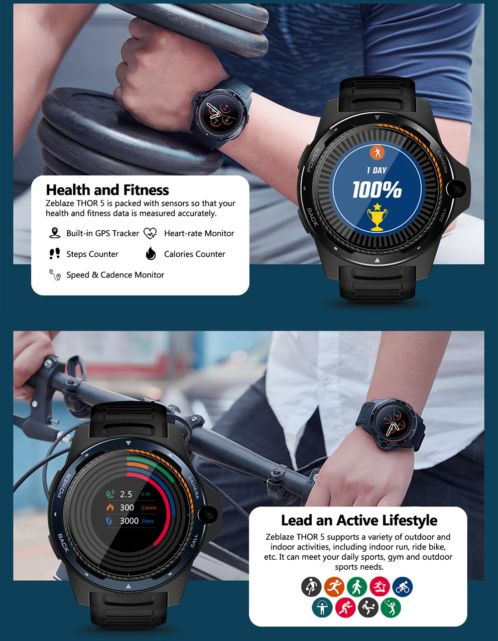 Новинка zeblaze Thor 5 двойная система Smartwatch 4G WiFi Android IOS телефон 2 Гб+ 16 Гб 8.0MP передние Смарт-часы с камерой черный