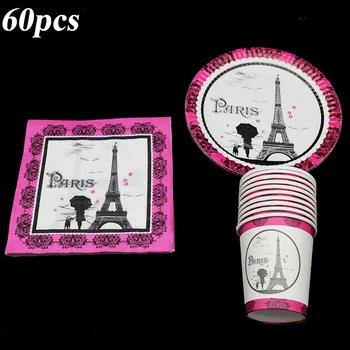 

60pcs/lot Eiffel Tower disposable tableware Eiffel Tower plates cups napkins Eiffel Tower theme birthday party decorations