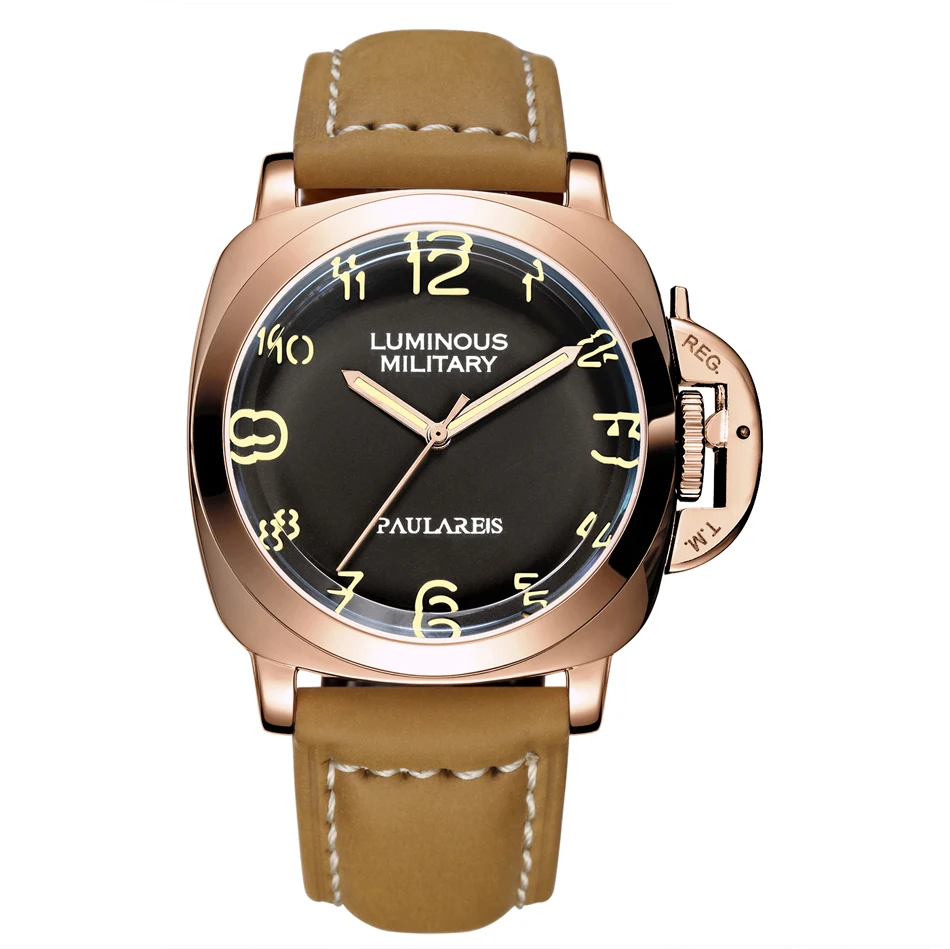 Men Automatic Self Wind Mechanical Genuine Brown Leather Strap Yellow Green Military Luminous 44mm Luxury Rose Gold Watch - Цвет: Gold Yellow