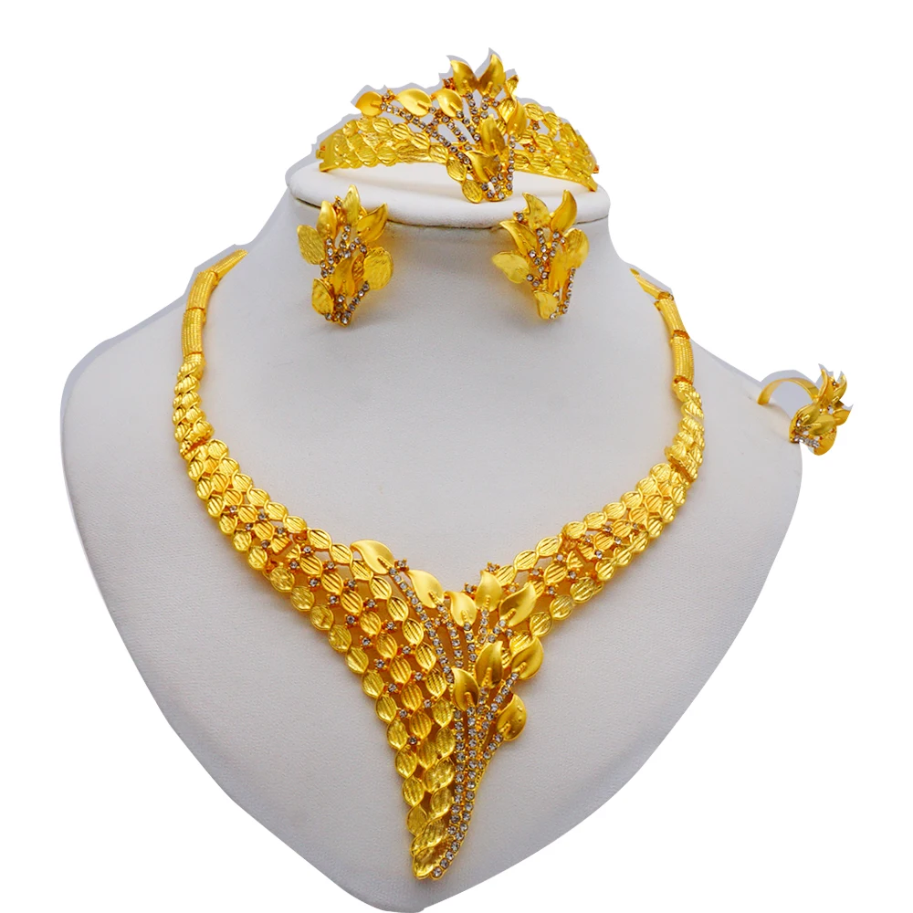 

2021 NEW Ethiopia 24K Gold Jewelry Sets For Women African Wedding Wife Gifts Bridal Party Necklace Earrings Ring Set Jewellery