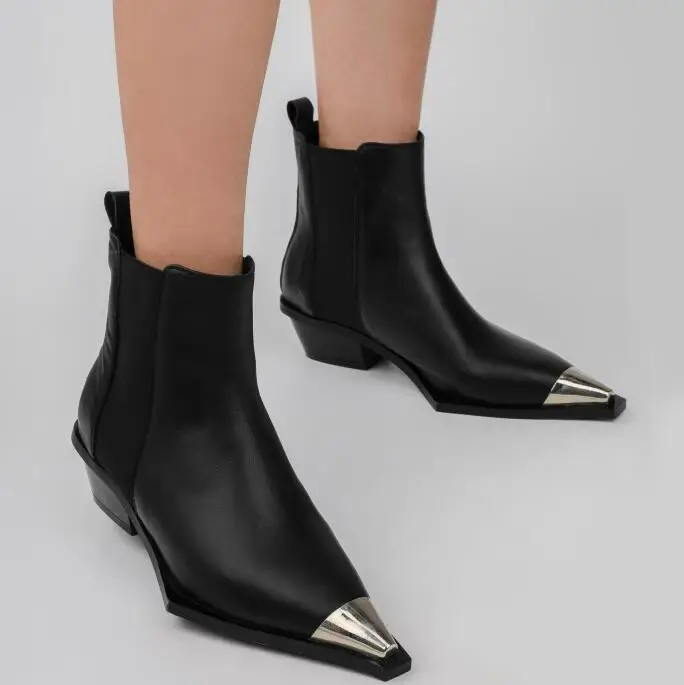 

Fashion Pointed Metal Toe Black Women Ankle Boots Slip-on European Autumn/Winter Short Chelsea Boots Women