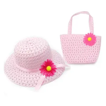 

Nice Charm Princess Girl Straw Hat and Flower decoration Handbag (Pink)