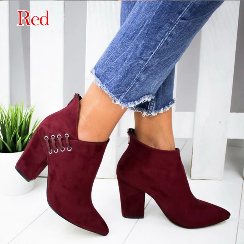 Oeak, Новая модная женская обувь пикантные ботильоны полусапожки Модная европейская обувь на высоком каблуке с острым носком женские ботинки, большие размеры 35-43 - Цвет: red
