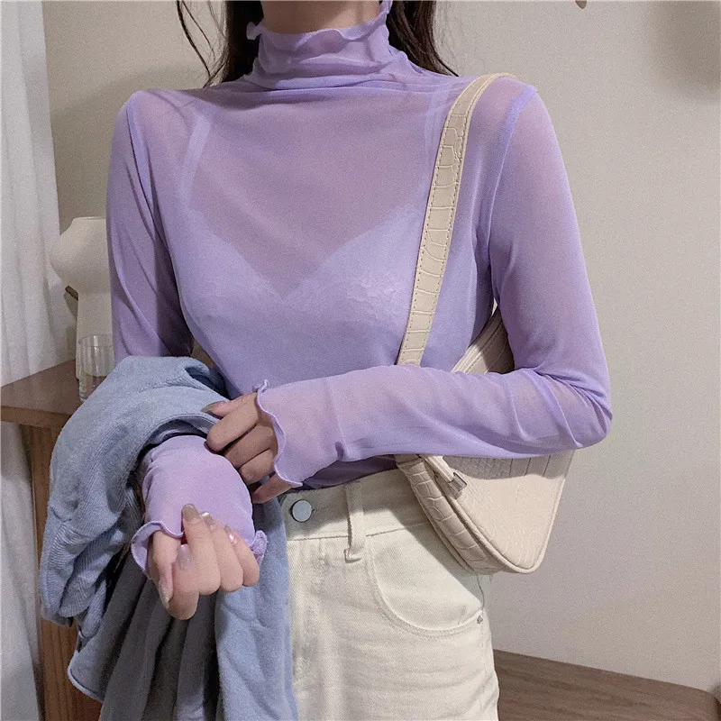 TingYiLi High Neck Sheer Mesh Top Women Long Sleeve Turtleneck T-shirt Korean Sexy See Through Black White Pink Purple Shirt tee shirts