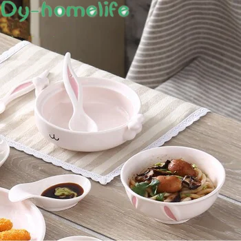 

280 / 350ml Korean Creative Multifunctional Couple Cartoon Dual-use with Lid and Spoon Ceramic Student Bowl Kitchen Supplies