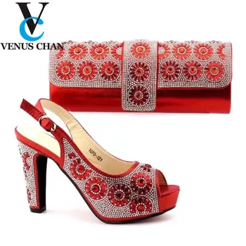 

Red Color Nigerian Lady Shoes and Evening Bag to Match Hot Selling Matching Shoes and Bag with Shinning Crystal for Wedding