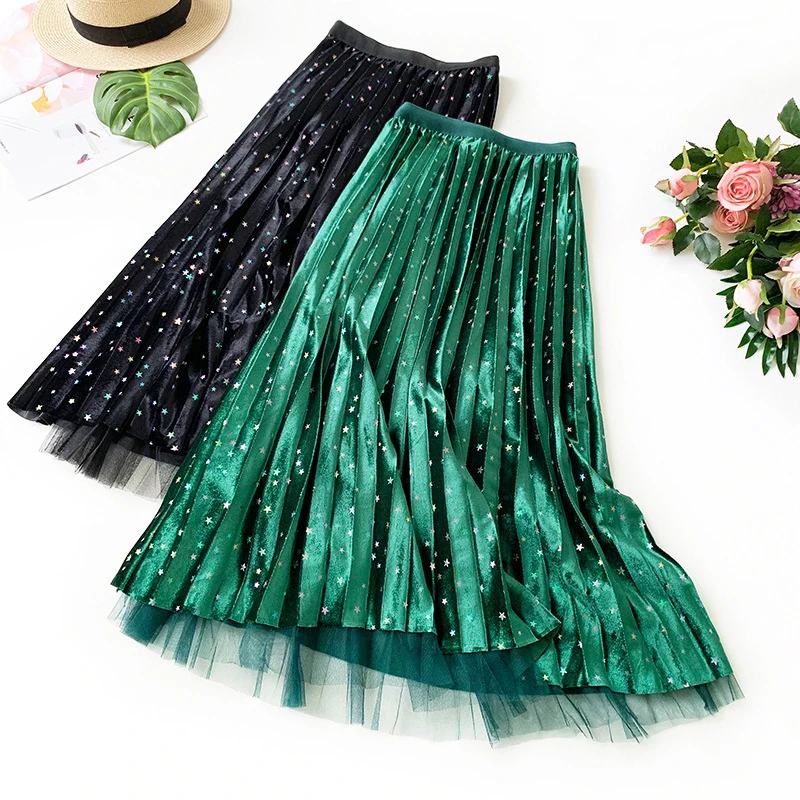 

Wasteheart Autumn Winter Green Women Skirts High Waist Pleated Ankle Skirt Clothing Vintage A-Line Long Skirts Stars Printed